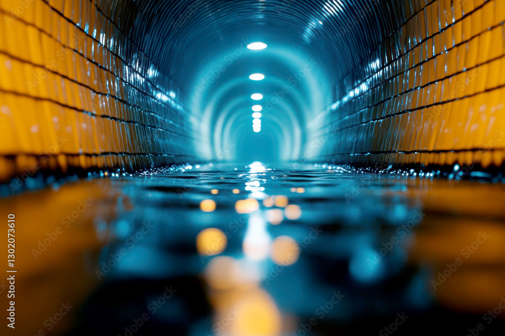 Poster a captivating view inside a luminous tunnel with reflections.
