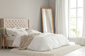 Light, airy bedroom with tufted headboard, plush rug, and large window.