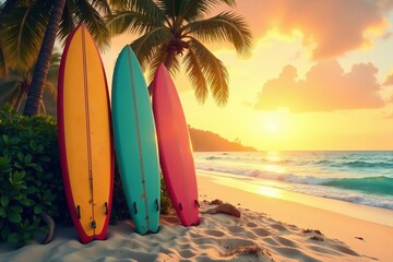Vintage surfboards on sandy beach with palm trees and sunset in background, sunset, posters, retro