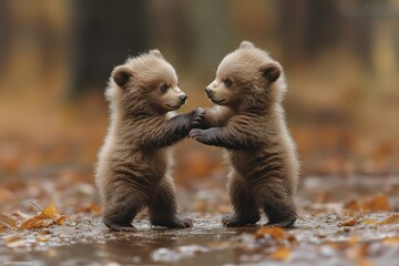 Obraz premium Playful brown bear cubs autumn forest puddle