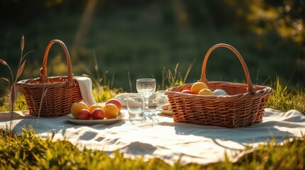 Outdoor picnic scene with baskets, fruit, and glasses set on a blanket in a sunny, grassy field.