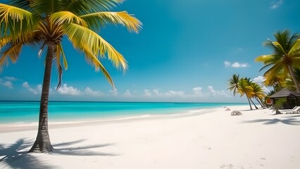 Obraz premium Serene tropical beach with soft white sand, crystal-clear turquoise water, and lush palm trees under a bright blue sky, epitomizing a peaceful and exotic coastal getaway.