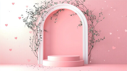 The pastel pink cylinder pedestal podium was displayed with small plant background for the award ceremony. Products display and showcase presentation. Generative AI.