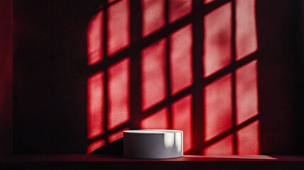 The red wall is a white cylinder podium with light and shadow. Products display and showcase presentation. Generative AI.