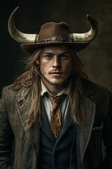 Fototapeta premium Fusion of power and poise is evident in this compelling portrait, where a man Viking inspired horned and cowboy hat and tailored business attire create a dramatic and unforgettable image.