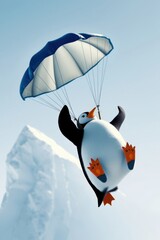 Cartoon penguin parachuting through the bright blue sky with snowy mountain landscape in the background.