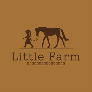 A child is leading a horse to the stable, Elegant Little Farm Horse Logo, Farm Logo.