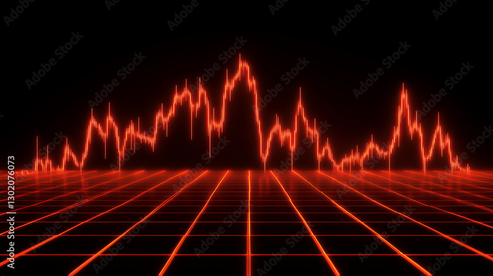 Poster vibrant red graph displays fluctuating data points against dark background, creating striking visual