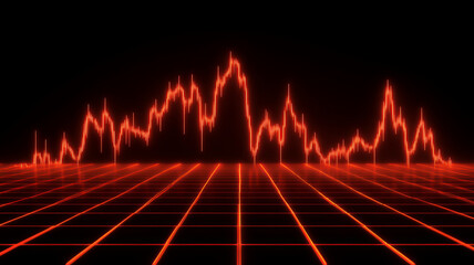 vibrant red graph displays fluctuating data points against dark background, creating striking visual effect