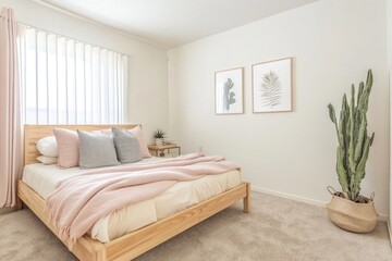 Obraz premium Light bedroom with wooden bed, pink blanket, cactus, and prints.