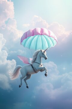 Fantasy scene of a winged unicorn gracefully descending through a vibrant sky with a colorful parachute.