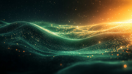A dynamic, vibrant green grainy glowing wave flowing across a black background, symbolizing energy, motion, and modernity in an abstract, noise texture design perfect for a poster backdrop.

