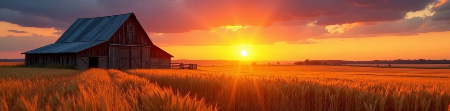 Vibrant sunset over golden wheat fields and rustic barn, wheat, rural, barn