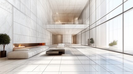 Naklejka premium Modern luxury lobby with marble walls, fireplace, and large windows.
