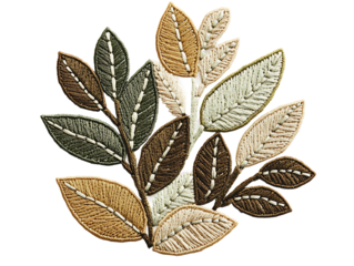Elegant Embroidered Leaf Pattern with Earthy Tones on transparent background Generative Ai