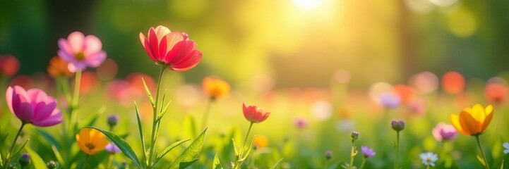 Obraz premium Vibrant spring flowers in a sunlit meadow, with beautiful bokeh effect, colorful, vibrant