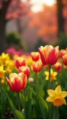 Obraz premium Vibrant spring garden with blooming tulips and daffodils, flower, park
