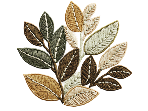 Elegant Embroidered Leaf Pattern with Earthy Tones on transparent background Generative Ai