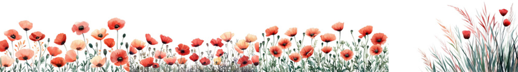 Fototapeta premium Vibrant red poppy flowers blossoming in a peaceful rural countryside meadow The lush green foliage and blooming flora create a serene picturesque landscape