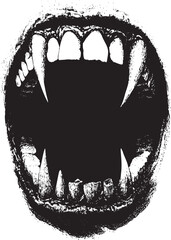 Black and white illustration of an open animal mouth with sharp fangs, rugged texture, and high contrast. Dark, ominous, and suitable for horror-themed projects