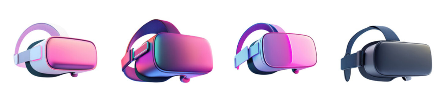 A collection of highly stylized and vibrant virtual reality headsets in retro inspired futuristic designs  These cutting edge VR devices showcase diverse