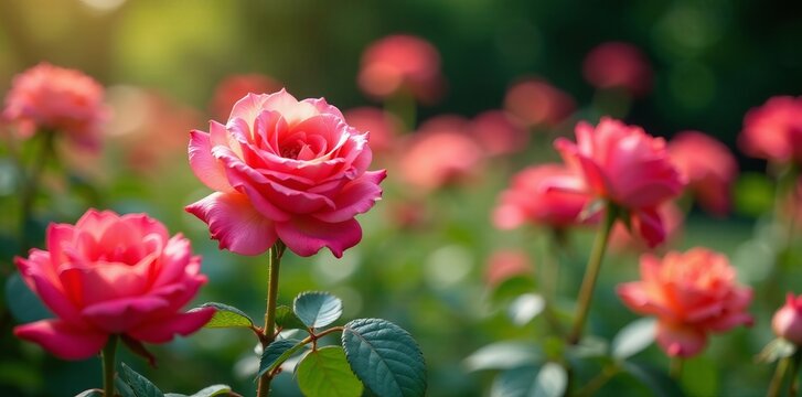 Vibrant rose garden in full bloom with bright colors and green leaves, blooming, flowers, rosenbeet
