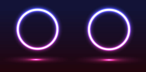 Light Purple Neon Ring: Circular Glow with Movement and Speed Effect for Dynamic Visuals and Web Design A set of two round neon frames with shining effects and highlights on a dark background.