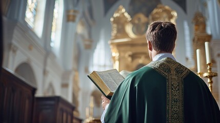 Catholic priest reading Bible in church during mass. Clergy in green vestments at altar. Religious service, liturgy, and worship. Easter, Christmas, ordination ceremony.