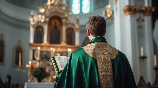 Catholic priest in green vestments standing at altar during mass. Clergy leading worship service in ornate church. Religious ceremony for Sunday service, Easter, or Christmas