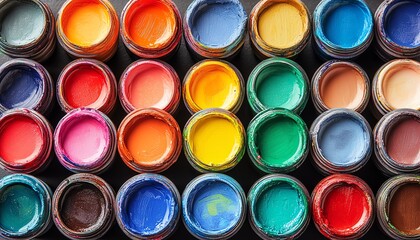 Vibrant collection of colorful paint containers in various shades