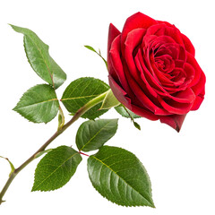 Fototapeta premium Beautiful red rose flower with green leaves isolated on a transparent background
