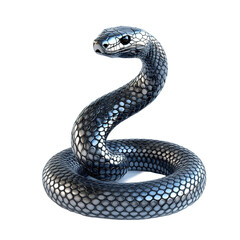 This image depicts a detailed digital rendering of a metallic snake in a coiled position.