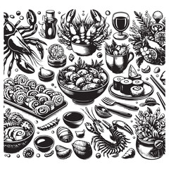 Festive seafood dishes food cooked modern delicacies with a presentation on the plate. Delicious dishes: salads and soups of shrimp, crab, mussels, baked fish, rolls, sushi, octopus vector