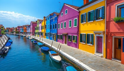 Bright pastelcolored houses along a canal in a European town, vibrant facades, serene blue sky backdrop, picturesque view perfect for a summer vacation experience