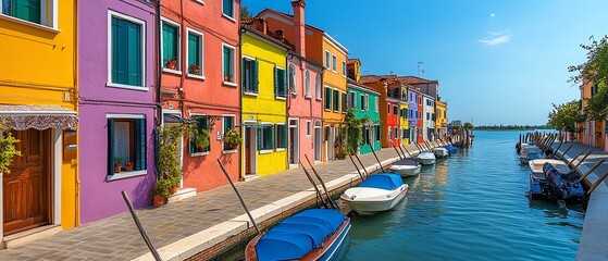 Obraz premium Bright pastelcolored houses line a canal in a European town, creating a vibrant and picturesque scene, serene blue sky backdrop, ideal for a summer vacation vibe