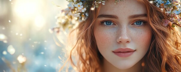Obraz premium Brigid, the springtime pagan goddess with reddishbrown wavy hair and a floral wreath, celebrating Imbolc festival, peaceful nature scene, fertility, and seasonal rebirth