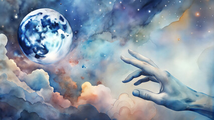 Obraz premium Dreamy illustration of a hand reaching for a glowing moon amidst clouds and a starry sky