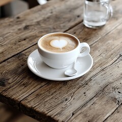 Cappuccino Heart, Cafe Wooden Table, Serene Still
