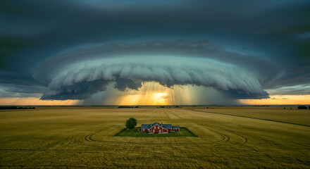 Intense Thunderstorm Over an Isolated Homestead in the Middle of an Open Landscape
