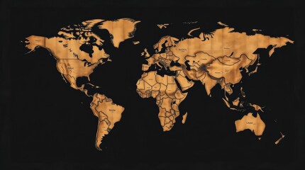 Illustrated world map with countries displayed over black backdrop showcasing geography and cartography