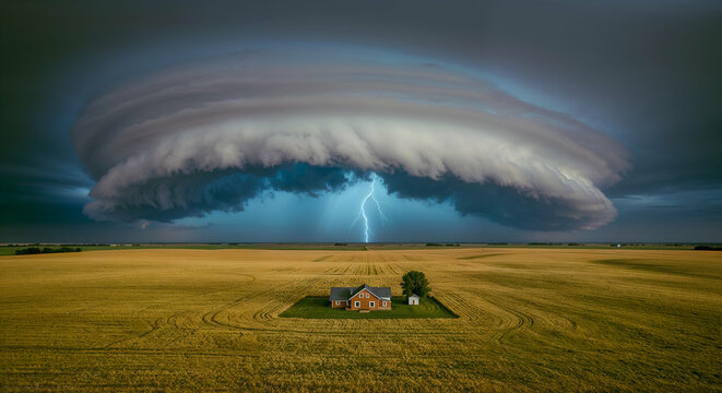 Aerial View of a Rural Home Beneath a Massive Rotating Storm System

