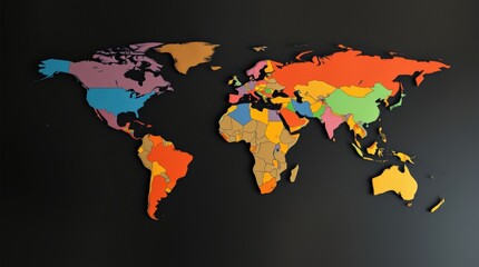 Colorful world map depicting continents and countries, illustrating global geography on a dark backdrop.