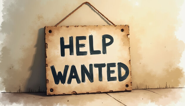 Rustic Help Wanted signboard, job vacancy announcement, hiring clip art for business, blogs, websites