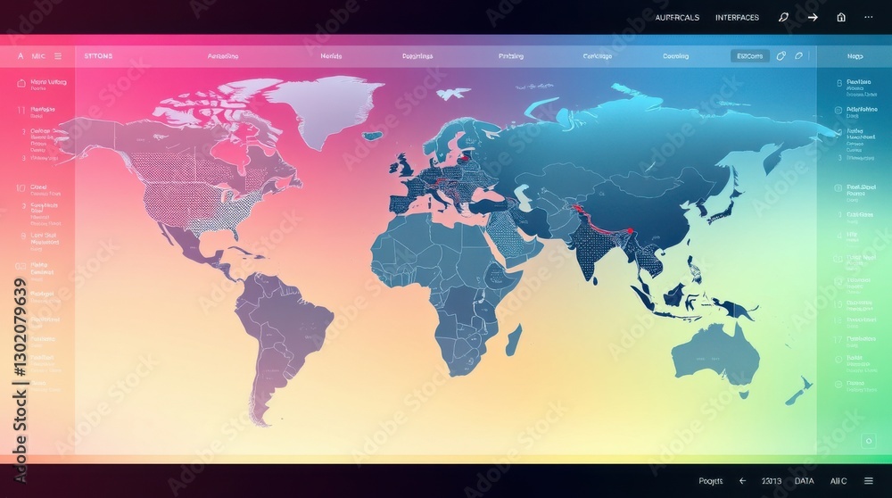 Poster vibrant world map interface with colorful gradient, showcasing countries and data visualizations on 