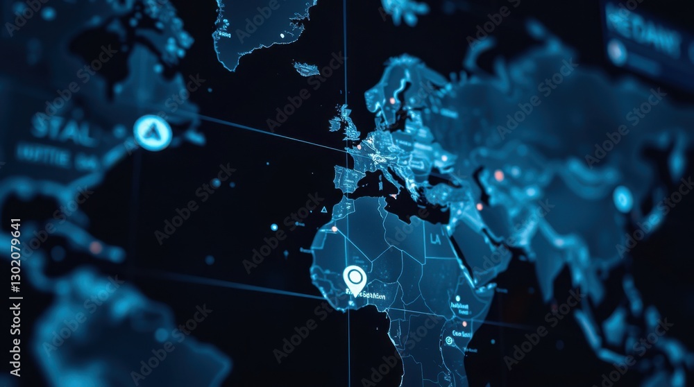 Poster digital world map with location points glowing against a dark backdrop, emphasizing global connectio