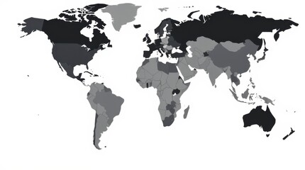Naklejka premium World map in shades of gray with detailed geographical boundaries and landmass shapes on a white surface.