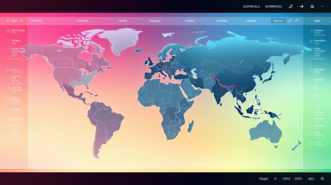 Vibrant world map interface with colorful gradient, showcasing countries and data visualizations on a digital display.