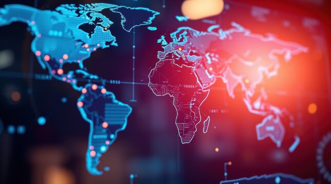 A digital world map display, showing global connectivity with illuminated continents and strategic points.