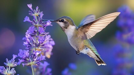 Fototapeta premium Hummingbird feeding on lavender, garden bokeh