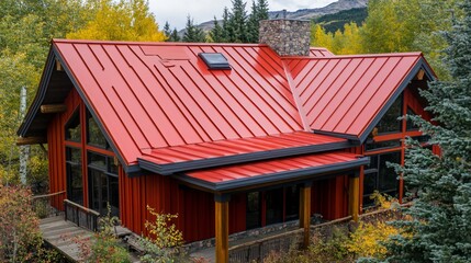 Red Metal Roof on Modern Mountain Cabin